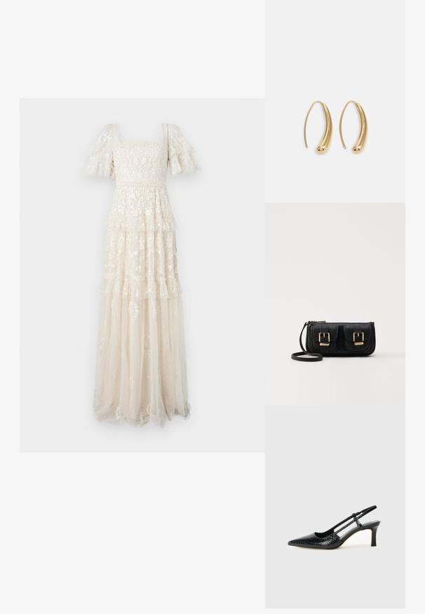 Spitzenkleid in hellem Elfenbein mit kurzen, rüschierten Ärmeln und einem Quadrat-Ausschnitt. Verfügt über ein geschichtetes, gestuftes Design und floralem Stickereien.; Schwarze Lack-Slingback-Pumps mit spitzem Zehenbereich, versehen mit strukturiertem Schlangenprint, verstellbarem Riemen und einem kurzen, strukturierten Blockabsatz.; Schwarze Leder-Umhängetasche mit zwei vorderen Taschen, goldenen Schnallen, Reißverschluss und einem schmalen Tragegurt. Texturierte Oberfläche und kompakte rechteckige Form.; Goldfarbene Metall-Hoops mit einer geschwungenen, länglichen Form. Sie verfügen über eine glatte, glänzende Oberfläche und eine abgerundete Spitze für zusätzliche Details.
