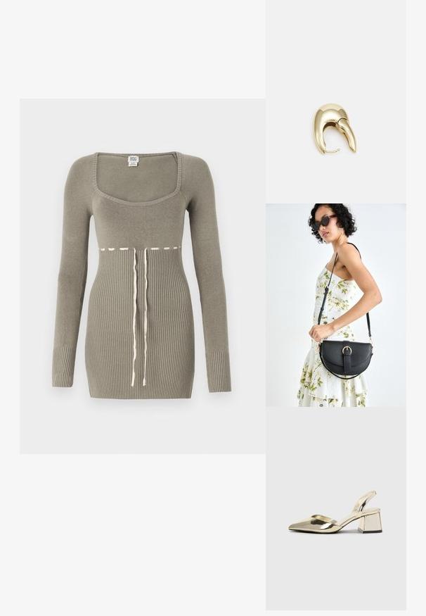 Roheline kudumkleit pikkade varrukatega, ruudukujuline dekoltee, ribakujuline tekstuur kehal ja kontrastsetest valgetest nööridest vöökoht.; Kuldne, metallilised slingback-kudumid terava varba ja paksu kontsaga. Sile tekstuur, minimalistlik disain ja kitsas rihm.; Mustmust mustraha kõverate joontega, eemaldatava rihmaga ja kuldsete detailidega. Kotil on klapp, millel on pandladetail.; Kuldtooni metallist kõrvarõngas, millel on elegantne ja kaarjas disain. Omab silmapaistvat teravat kuju, poleeritud pinda ja hingesulgemist.