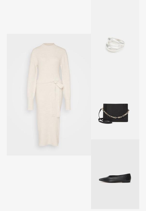 Adīts svārku kleita krēmkrāsā ar garām piedurknēm, augstu apkakli un saites jostas detaļu vidukļa rajonā, ar pieguļošu siluetu.; Melna ādas baleta kurpe, ar norādītu purngalu, minimālisma dizains, gluda tekstūra, zema papēža augstums, bez redzamiem aksesuāriem vai rotājumiem.; Melna ādas crossbody soma ar gludu faktūru, taisnstūrveida formu un metalizētu ķēdes detaļu priekšā. Iekļauta regulējama siksna.; Sudraba divu joslu gredzens ar gludu, pulētu virsmu. Iezīmējas ar plūstošu, izliekta dizaina struktūru ar pārklājošām sekcijām modernam izskatam.