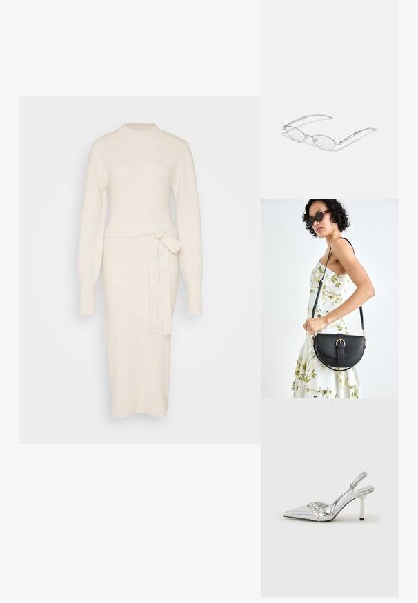 Vestido de malha em off-white com mangas longas, gola alta e um detalhe de cinto amarrado na cintura, apresentando uma silhueta ajustada.; Sapato de salto alto slingback prateado com bico fino, acabamento metálico, duas correias decorativas e um salto esbelto com ponta preta.; Óculos ovais com uma armação metálica prateada, lentes transparentes e detalhes texturizados em contas nas hastes. Design leve com braços curvos.; Bolsa de couro preta com forma curva, alça destacável e detalhes em dourado. A bolsa possui uma aba com detalhe de fivela.