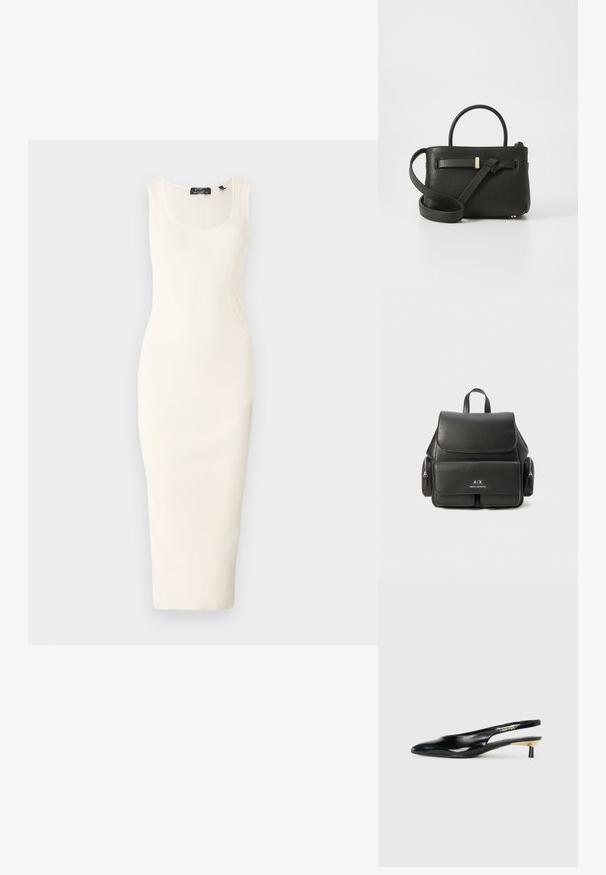 Ribbestrikket, ermeløs midikjole i off-white med en tettsittende silhuett. Har en scoop-neck og subtile buede sømmer.; Sorte slingback pumps med spiss tå, glanset skinnfinish og en liten hæl med gullakcent. Elegant design med åpen bak.; Svart skinnryggsekk med klafflukkning, frontlomme, sidelommer med glidelås og et håndtak på toppen. Har logo-detaljer på forsiden.; Svart skinnhåndveske med teksturert overflate, topphåndtak og lang justerbar stropp. Har et gullfarget hardwaredetalj på forsiden.