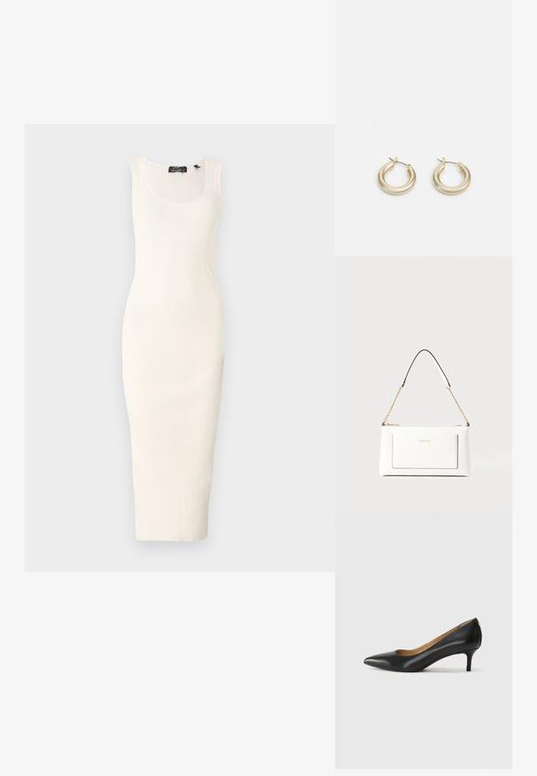 Hedvábná midi šaty bez rukávů v off-white s přiléhavým střihem. Obsahuje kulatý výstřih a jemné zakřivené švy.; Černé kožené lodičky s špičatou špičkou, nízkým podpatkem a hladkým povrchem. Mají mírné otevření vpředu a minimální kovové prvky na zadní straně.; Bílá kožená kabelka s texturovaným povrchem, zdobená zlatým řetízkem a černými akcenty. Obsahuje přední kapsu a uzavírání na zip.; Lauren Ralph Lauren BASIC SMALL HOOP - Náušnice - gold-coloured