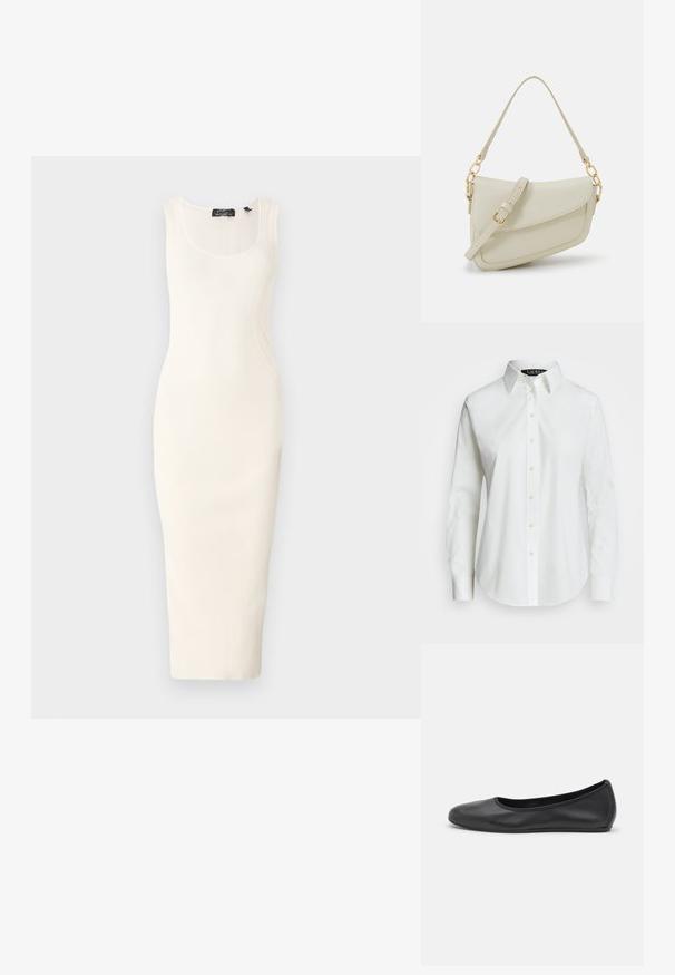 Ribbestrikket, ermeløs midikjole i off-white med en tettsittende silhuett. Har en scoop-neck og subtile buede sømmer.; Hvit langermet skjorte med knapper laget av bomull. Har en klassisk krage, syv knapper og en diskret logo brodert på brystet.; Svart skinnballettflatt med rund tå, glatt tekstur, minimal sømdetalj, og et fleksibelt såledesign.; Liten kremfarget håndveske med teksturert overflate, lang justerbar stropp, kjedeakenter og klaffelukking. Detaljer i gullfarge.