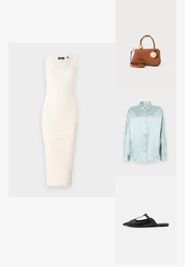 Ribbad, ärmlös midiklänning i off-white med en figurnära silhuett. Har en rundad halsringning och subtila kurviga sömdetaljer.; Vaaleansininen napitettava paita, joka on valmistettu kiiltävästä, pehmeästä kankaasta; siinä on kaulus, pitkät hihat ja pyöristetty helma, ja se on rento istuvuus.; Musta nahkasandaali, jossa on terävä kärki, somistettuna kudotulla yksityiskohdalla ja pleatatuilla yläosilla. Litteä pohja, jossa on vähäisiä tarvikkeita.; Ruskean nahkalaukku, jossa on aaltoileva muotoilu, kahdella pyöreällä kullansävyisellä yksityiskohdalla ja irrotettavalla olkahihnalla monipuolista kantamista varten.