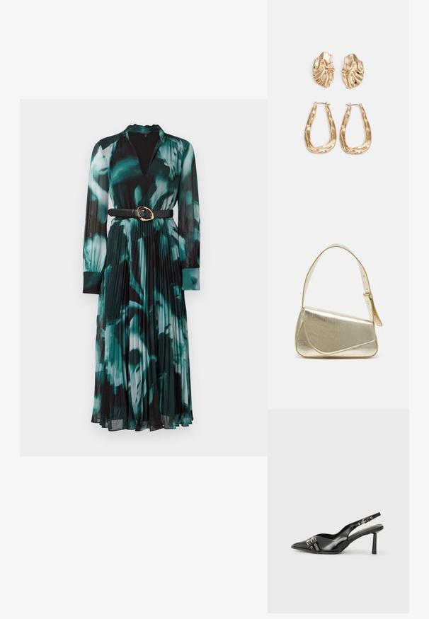 Vestido de manga larga en una estampado floral verde y negro, con escote en forma de V, falda plisada y un cinturón negro con hebilla dorada.; Zapato de charol negro tipo slingback con punta afilada, correas al tobillo con hebillas y herrajes de plata, y un tacón delgado.; Bolso de mano metálico dorado con un diseño estructurado, textura suave y correa ajustable. Presenta una forma triangular única y un cosido minimalista.; Pendientes en tono dorado que presentan formas texturizadas y onduladas. Incluyen aros de clip esculturales y un diseño de aro abierto con un acabado martillado.