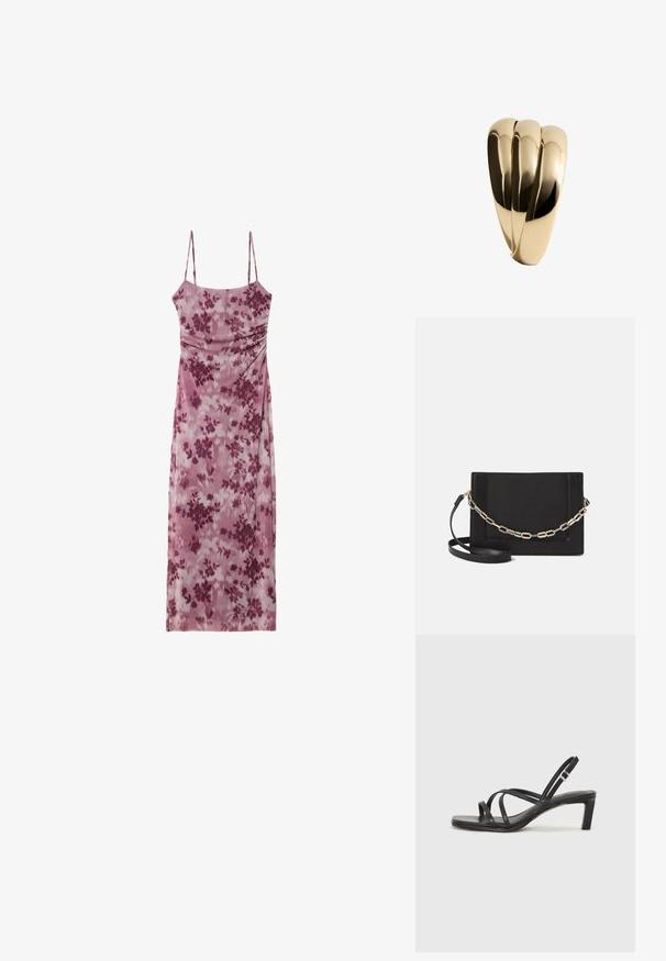 Bezrukávové šaty z svetlofialovej látky s kvetinovým vzorom v tmavších fialových odtieňoch. Majú priliehavú siluetu na hornom diele a drapérie na sukni.; Čierne sandále na vysokom podpätku so štvorcovou špičkou a nízkym blokovým podpätkom. Obsahujú viacero tenkých popruhov a nastaviteľný členkový popruh. Vyrobené z hladkej kože.; Čierna kožená crossbody taška s hladkou textúrou, obdĺžnikovým tvarom a kovovým reťazovým detailom na prednej strane. Súčasťou je nastaviteľný popruh.; Mango Náramok - gold-coloured