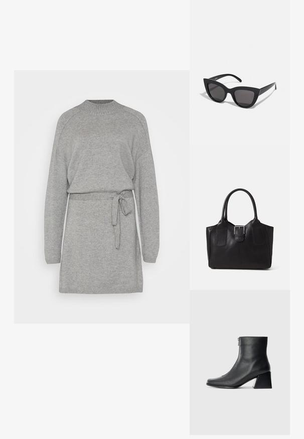 Grå strikket kjole med lange ermer, rund hals og belte i midjen. Myk tekstur med ribbestrikkede mansjetter og kant.; Sorte skinnankelsko med firkantet tå, glidelås på siden og blokkhæl mot en vanlig lys bakgrunn.; Sorte katteau solbriller med mat finish, featuring grå tonede linser, skarpe vinkler og slanke sidearme. Merkenavn synlig på den indre armen.; Svart skinn toteveske med jevn tekstur, strukturert form, to håndtak og en fremtredende sølvspenne foran.