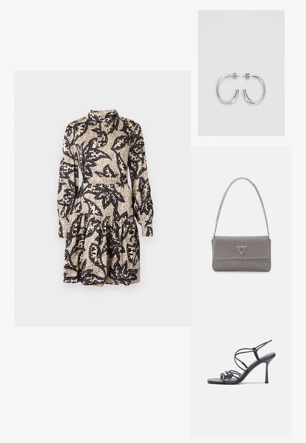 Rochie cu imprimeu floral în crem și negru, cu guler, mâneci lungi și un tiv în straturi, cu volane. Fabricată dintr-un material neted.; Sandale negre cu toc înalt au curele subțiri cu un design legat, un vârf pătrat neted și un toc stiletto elegant.; Geantă metalică gri deschis, cu un strap din lanț, decorată cu mici ținte circulare metalice și un logo de marcă triangular.; Cercei rotunzi din argint cu un finisaj neted și strălucitor. Design ușor, având o formă rotundă și închidere cu tijă.
