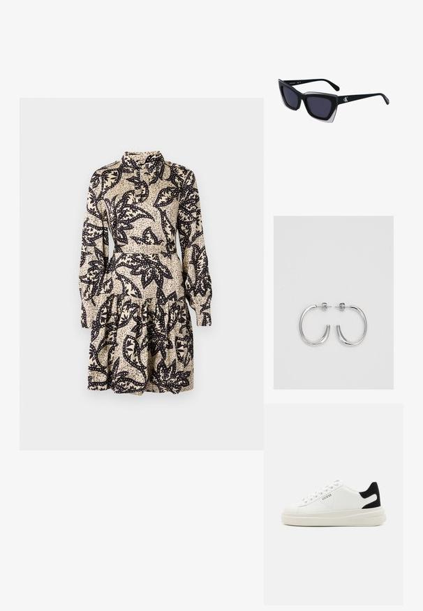 Blommönstrad klänning i krämfärgad och svart, med krage, långa ärmar och en lager-på-lager volangnederdel. Tillverkad av mjukt tyg.; Vita lädersneakers med en tjock vit sula, svartsuede hälaccent och präglad logotyp på sidan. Snörningsdesign med sex öglor.; Svart överdimensionerade solglasögon med geometrisk form, med mörka linser och en kontrasterande grå detalj på ramen. Logotyp på bygeln.; Silver hoopsörhängen med en slät, glänsande yta, med en böjd form och post-stängning. Minimalistisk design med en modern finish.