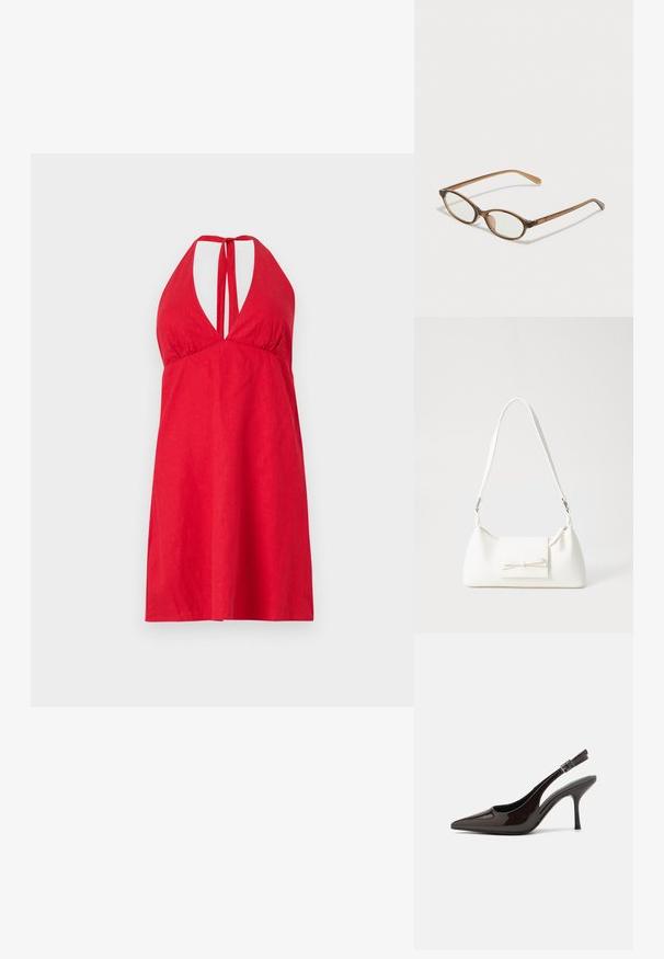 Rdeča halter obleka z globokim izrezom, nastavljivimi naramnicami in lahkotnim materialom. Enostaven, do kolen segajoč dizajn z enostavno teksturo.; Slingback visoke pete v sijajni temno rjavi lak koži, koničastim nosom, odprtimi stranmi in nastavljivim gležnjenčkim trakom.; Rjavo želvovina očala z ovalnimi lečami, tankimi ročaji in prosojnimi detajli. Imajo subtilen logo na templetu. Eleganten, lahek dizajn.; Bela sintetična torbica v obliki trikotnika, z ravnim sprednjim poklopcem in detajlom mašne, nastavljivim trakom, gladko teksturo in minimalističnim dizajnom.