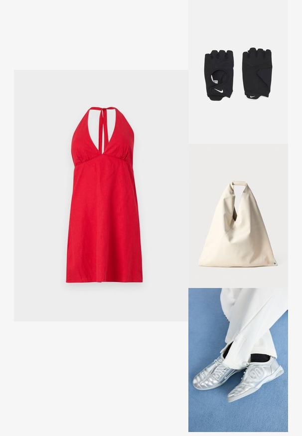 Červené šaty na ramienka s hlbokým výstrihom, nastaviteľnými popruhmi a ľahkým materiálom. Jednoduchý, po kolená dĺžka s hladkou textúrou.; Strieborné atletické topánky s hladkým, lesklým povrchom, zdobené prešitím a číslom 90 na boku, skombinované s bielymi nohavicami.; Bežová taška so soft-textúrou, s jedinečnou skrútenou rúčkou a diagonálnym detailom švu. Minimalistický dizajn s okrúhlym akcentom na dne.; Čierne bezprstové rukavice vyrobené z elastického materiálu, s dizajnom otvorenej dlane, so zvýraznením pre lepšie uchopenie a bielym logom Nike.