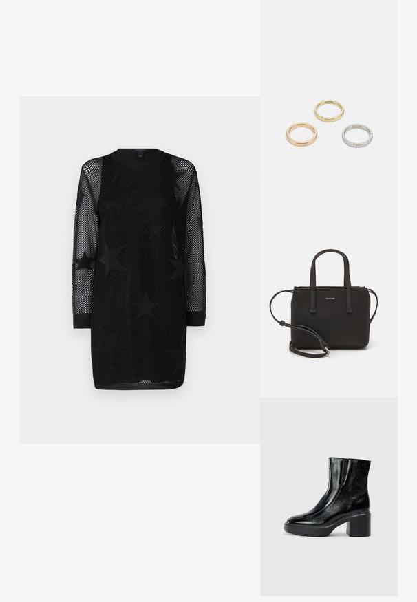 Melna acs kleita ar garām piedurknēm, apaļu kakla izgriezumu un zvaigžņu rakstu visā kleitā. Audums ir viegls un gaisa caurlaidīgs.; Melnas lakotas ādas potītes zābaki ar izliekto purngalu, elastīgām sānu paneļiem un masīvu blokveida papēdi. Aizmugurē ir izsistā logo.; Melns roku soma ar divām īsām rokturiem un noņemamu plecu siksnu. Gluda ādas līdzīga materiāla ar rāvējslēdzēja aizdari un logos detaļu.; Trīs metāla gredzeni: viens rozā zeltā, viens zeltā ar teksturētiem akcentiem un viens sudraba, visiem ar iegravētām zīmola atzīmēm iekšējā joslā.