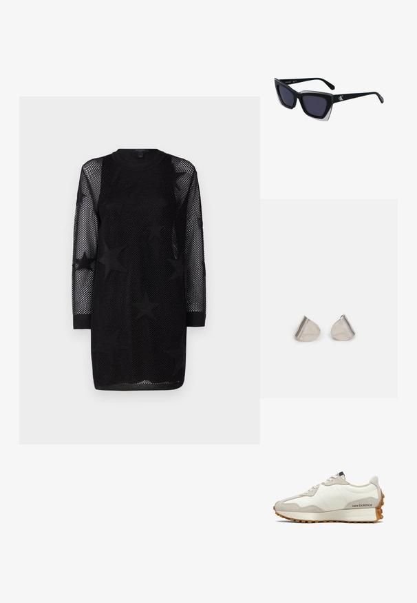 Mustat verkkomekot, joissa on pitkät hihnat, pyöreä kaula-aukko ja tähtikuvio koko matkalla. Kangas on kevyttä ja hengittävää.; Valkoinen ja beige tennari, jossa sileä nahkapäällinen ja mokkanahkaiset yksityiskohdat. Varustettu pyöreillä nauhoilla, pehmustetulla pohjalla ja kuvioidulla kumipohjalla.; Mustat ylisuuret aurinkolasit, joissa on geometrinen muoto, tummat linssit ja kehykseen erottuva harmaa yksityiskohta. Logo varressa.; Hopea metalliset korvakorut, joissa on sileä, pisaramainen muoto ja kiillotettu pinta. Huomaamattomat kaiverrukset lisäävät yksityiskohtia. Minimalistinen muotoilu.