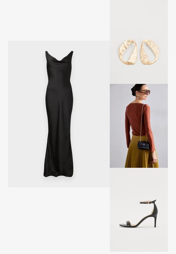 Svart satin kvällsklänning med ruched urringning, smal passform och golvlang fåll. Slät textur med en subtil glans.; Svart läder högklackad sandal med ankelrem. Har en mjuk yta, öppen tå och en tunn klack. Guldtonad spänne som detalj.; Vivienne Westwood SMALL PURSE CHAIN - Axelremsväska - black; Ett par oregelbundna ovalformade örhängen i guldtonad metall med en strukturerad, något hamrad yta på en vit bakgrund.