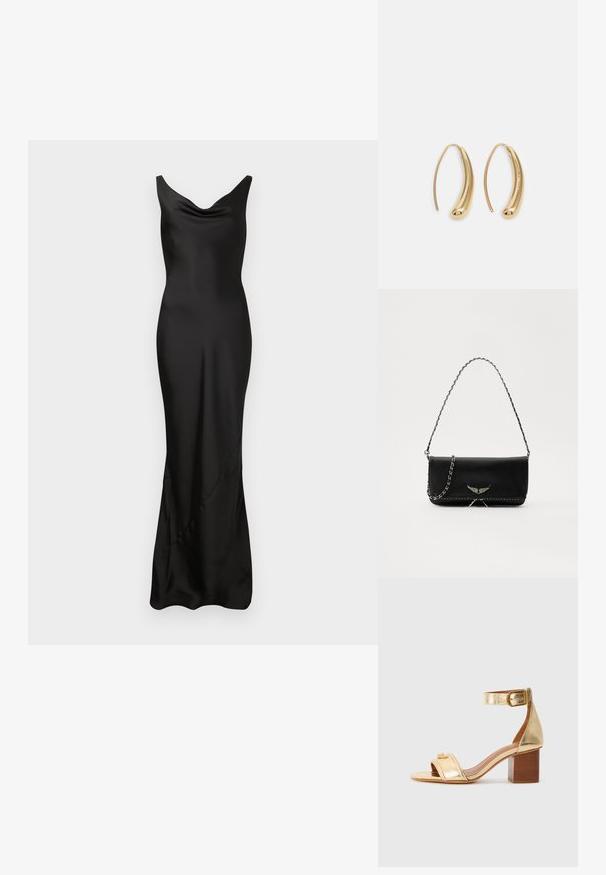 Vestido de noite preto de cetim com decote drapeado, ajuste slim e barra longa até ao chão. Textura suave com um brilho subtil.; Sandal de salto alto metálico dourado com uma faixa larga nos dedos, tira no tornozelo com fivela e salto quadrado. Textura suave, detalhes mínimos.; Saco de couro preto com uma alça de corrente prateada, apresentando ornamentos em forma de asas e costura branca ao longo da costura inferior.; Brincos em metal dourado com forma de arco alongado e curvado. Apresentam uma superfície lisa e brilhante, com uma ponta arredondada para um detalhe adicional.