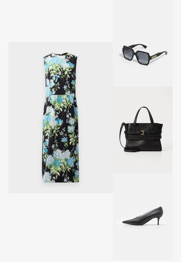Virágmintás, ujjatlan ruha fekete háttérrel, kék és zöld virágokkal, sima textúrával, térd hosszúságú fazonnal és kerek nyakkivágással.; Fekete, hegyes orrú magassarkú cipő sima bőrből. Karcsú sarka és minimalista dizájn jellemzi, látható díszítések nélkül.; Fekete négyzet alakú napszemüveg szürke átmenetes lencsékkel; diszkrét díszítések és sárga "MOSCHINO" feliratozás az szárán.; Fekete bőr kézitáska strukturált dizájnnal, párhuzamos felső fogantyúkkal, levehető pánttal és arany csat díszítéssel egy vízszintes sávon.