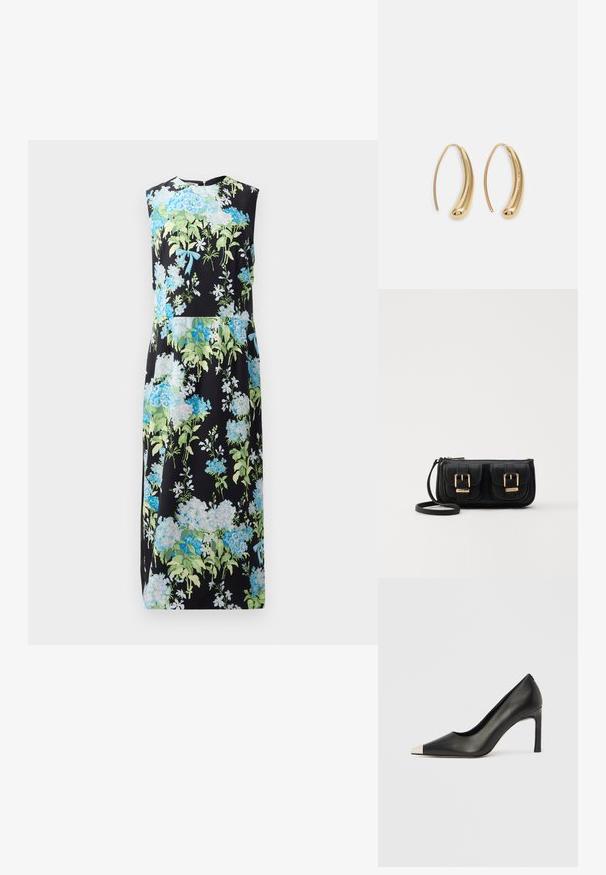 Rochie fără mâneci cu un fundal negru, prezentând flori albastre și verzi, textură netedă, design până la genunchi și decolteu rotund.; Pantof cu toc înalt din piele neagră, cu vârf ascuțit și un capac metalic argintiu. Are un finisaj neted și un toc subțire de 10 cm.; Geantă neagră din piele, tip crossbody, cu două buzunare frontale, catarame aurii, închidere cu fermoar și o curea subțire. Suprafață texturată și formă rectangulară compactă.; Cercei din metal auriu, cu un design curbat și alungit. Au o suprafață netedă și strălucitoare, cu un vârf rotunjit pentru un detaliu suplimentar.