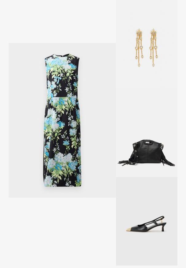 Rochie fără mâneci cu un fundal negru, prezentând flori albastre și verzi, textură netedă, design până la genunchi și decolteu rotund.; Pantofii slingback din piele neagră, cu vârful ascuțit și vârf metalic auriu. Prezintă un design cu decupaje și un toc subțire cu curea ajustabilă.; Maje MISS MINI - Geantă crossbody - noir; Cercei aurii cu multiple lanțuri suspendate, având accente din rhinestone ovale clare și capete decorative cu tighel.