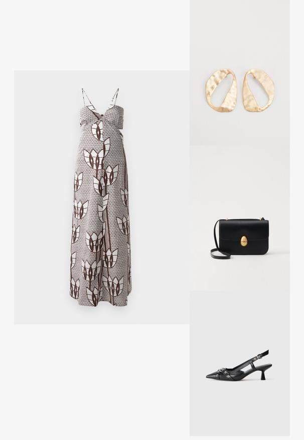 Maxi ruha vékony pántokkal, barna és fehér absztrakt virágmintával, strukturált anyagon. Rugalmas derék a kényelem érdekében.; Fekete bőr slingback cipő hegyes orral, dekoratív pántokkal, fém szemekkel és alacsony blokk sarkú. Texturált felület.; Fekete bőr kézitáska, struktúrált, téglalap alakú formával. Arany ovális kapoccsal és vékony vállpánttal rendelkezik. Sima textúrájú.; Egy pár szabálytalan, ovális formájú, aranyszínű fém fülbevaló, enyhén kalapált felülettel, fehér háttéren.
