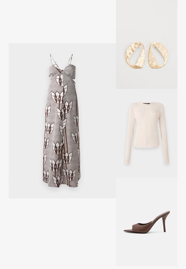 Robe maxi à fines bretelles, présentant un motif floral abstrait marron et blanc sur un tissu texturé. Taille élastiquée pour plus de confort.; Haut à manches longues, beige clair avec un col rond. Fait dans un tissu doux, il présente une couture centrale et un ourlet légèrement courbé. Pas de métal visible.; Mules à talons hauts ouverts en cuir marron avec un design épuré, dotés d'une large sangle avant et d'un talon aiguille élancé.; Une paire de boucles d'oreilles en métal doré, de forme ovales irrégulières, avec une surface texturée et légèrement martelée sur fond blanc.