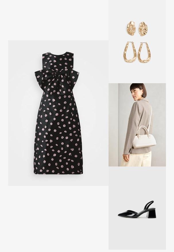Vestido preto com padrão floral em rosa, design sem mangas e grande laço nas costas. Textura suave com um silhueta ajustada.; Sandy em verniz preto com salto slingback, ponta afilada e salto geométrico. Apresenta um design elegante e minimalista com textura suave.; Bolsa estruturada branca com alças curtas e uma alça de ombro, com detalhes em hardware dourado e material texturizado, exibida contra um fundo cinza.; Brincos em tom de ouro com formas onduladas e texturizadas. Inclui studs escultóricos com presilha e um design de argola aberta com um acabamento martelado.
