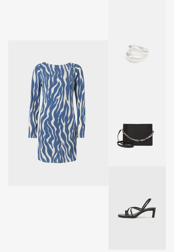 Sinine ja kreemikas pikakä sleevesiga kleit lainemustriga, ümarate kaelaaugu ja sirge lõikega, valmistatud siledast kangast.; Mustast rihmajalatsid ruudukujulise varba ja madala ploki kontsaga. Omab mitmeid õhukesi rihmasid ja reguleeritavat pahkluu rihma. Valmistatud siledast nahast.; Mustast nahast õlakott, mis omab siledat tekstuuri, ristküliku kuju ning esiküljel metallketi detaili. Reguleeritav rihm on kaasas.; Hõbedane kahekordne rõngas sujuva, poleeritud pinnaga. Omab voolavat, kõverat disaini, millel on kattuvad sektsioonid, et saavutada kaasaegne ilme.