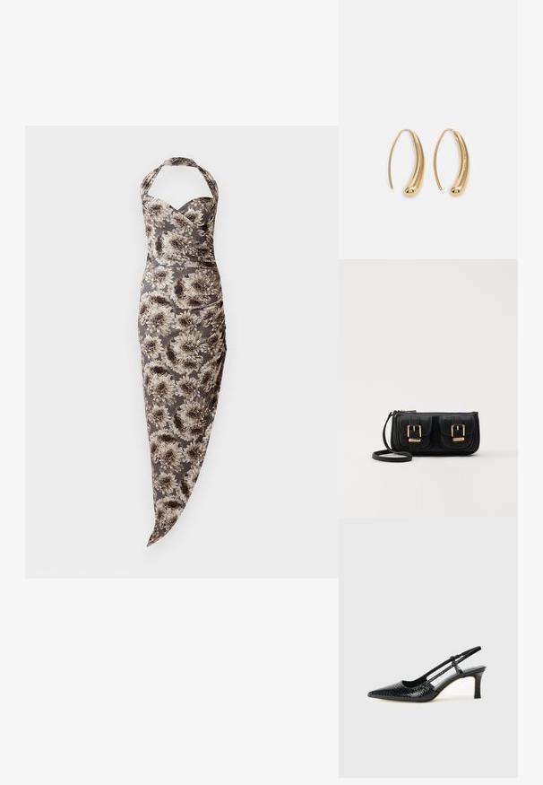 Halter neck tettsittende kjole med stor grå og beige blomstertrykk, rynkede sider og asymmetrisk fald.; Sorte patent slingback hæl med spids tå, featuring tekstureret slangeskind, justerbar rem og en kort, tekstureret blokhæl.; Svart skinn crossbody veske med to frontlommer, gyldne spenner, glidelåslukking og en slank stropp. Teksturert overflate og kompakt rektangulær form.; Gullfargede metalløredobber med en buet, forlenget form. Har en jevn, blank overflate og en avrundet tupp for ekstra detaljer.