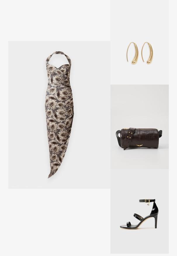 Halter nyakú, testhezálló ruha szürke és bézs nagy virágmintával, összegyűrt oldalakkal és aszimmetrikus végződéssel.; Fekete lakk bőr szandál három pánttal, bokapánttal és 10 cm magasságú tűsarokkal. Arany színű részletekkel és logó charm-mal rendelkezik.; Barna krokodilbőr hatású bőr táska henger alakú, arany tónusú fémveretekkel és lecsatolható, szegecsekkel díszített pánttal.; Aranyszínű fémből készült karika fülbevalók ívelt, hosszúkás formával. Simaságával és fényes felületével, valamint lekerekített végével további részletekkel bővül.