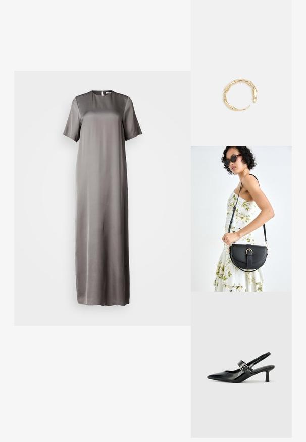 Satin maksi obleka v umirjeni sivi barvi s kratkimi rokavi, okruglim izrezom in detajlom ključa na hrbtni strani. Gladka tekstura, tekoč dizajn.; Črne patent usnjene slingback pete s koničastim nosom in majhnim blok peto, ki vključujejo srebrno zaponko na traku.; Črna usnjena torbica s ukrivljeno obliko, z odstranljivo naramnico in zlatimi dodatki. Torbica ima pokrov s podrobnostmi v obliki zaponke.; Zlati prstan s organskim, zvitim dizajnom, gladko površino in taperiranimi konci, ki ustvarja modernega, skulpturalnega videza.