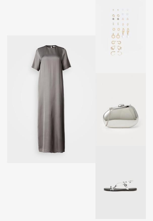 Satiini maxi-mekko hillityssä harmaassa, lyhyillä hihoilla, pyöreällä kaula-aukolla ja avonaisella selkäosalla. Sujuva tekstuuri, virtaava muotoilu.; Hopeiset metallinhohtoiset sandaalit minimalistisella muotoilulla, joissa on ohuet hihnat ja musta tasapohja. Korostuksia tarjoavat ristikkäin menevät hihnat.; Hopeinen metallinen clutch, jossa on pyöristetty, sileä muoto. Varustettu lukitusmechanismilla ja irrotettavalla ketjuhihnalla. Heijastava pinta ilman kuvioita.; Kultasetti kultaisenvärisiä korvakoruja, jotka sisältävät erilaisia muotoiluita, kuten nappikorviksia, rengaskorviksia ja roikkuvia korviksia, joissa on helmiä ja strasseja.
