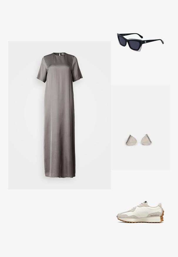Satin maksi haljina u prigušenoj sivoj boji s kratkim rukavima, okruglim izrezom i detaljem u obliku ključanice na leđima. Glatka tekstura, lepršav dizajn.; Bijela i bež tenisica s gornjim dijelom od glatke kože i aplikacijama od brušene kože. Ima okrugle vezice, jastučićasti potplat i teksturiranu gumenu potplatu.; Crne oversize sunčane naočale geometrijskog oblika, s tamnim staklima i kontrastnom sivom dekoracijom na okviru. Logo na dršci.; Srebrne metalne naušnice s glatkim, oblikom suze i poliranim završetkom. Suptilni utori dodaju detalje. Minimalistički dizajn.