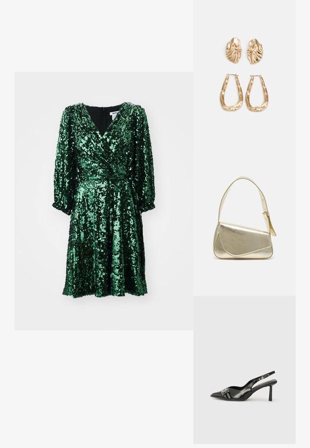 Zelené šaty s flitrami, s výstrihom do V, dlhými puff rukávmi a priliehavým pásom, s rozšírenou sukňou a zipsom na chrbte.; Čierne lakované kožené slingback topánky s špicatou špičkou, remienkami okolo členku s striebornými prackami a hardvérom, a štíhlým podpätkom.; Zlatá metalická kabelka so štruktúrovaným dizajnom, hladkou textúrou a nastaviteľným popruhom. Obsahuje jedinečný trojuholníkový tvar a minimalistické šitie.; Náušnice v zlatej farbe s textúrovanými, vlnitými tvarmi. Obsahujú sochárske klipsové náušnice a otvorený tvar krúžku s kladivkovým povrchom.