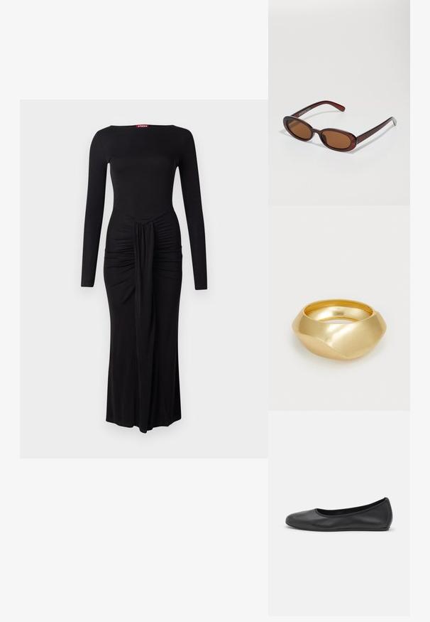 Must have mustriga musta kleit, millel on sobiv korpus, kogutud tekstuur vöökohtadel ja sirge hem, valmistatud pehmest venivast kangast.; Musthave mustika tantsutossud mustast nahast, ümmarguse varbaga, siledast tekstuurist, minimaalse õmblusdetailiga ja paindliku tallakujundusega.; Ümar, pruunikased päikeseprillid läikiva burgundia raami ja peente kaubamärgi detailidega. Peened sangad ja lame läätsedesain.; Kuldmetallist sõrmus, millel on sile, kõver kuju ja poleeritud viimistlus. Omab orgaanilist kuju, on keskelt lai ja kitseneb äärte suunas.