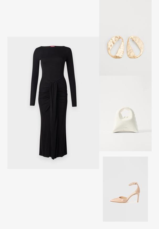 Rochie neagră cu mâneci lungi, cu un corset ajustat, textură încrețită la talie și o tiv drept, realizată dintr-un material moale și extensibil.; Pantof nude din piele lacuită, cu vârf ascuțit, curea la gleznă și toc stiletto, având o textură netedă și un design minimalist.; Geantă albă cu un design texturat și curbat. Dispune de un mâner proeminent și o bază rotundă, cu un finisaj neted și hardware minim.; O pereche de cercei din metal de culoare aurie, cu formă ovală neregulată, având o suprafață texturată, ușor ciocănită, pe un fundal alb.