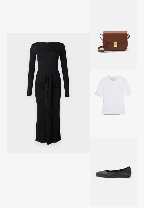 Fekete, hosszú ujjú ruha, testhezálló felső résszel, derékban gyűrött textúrával és egyenes szegéllyel, puha elasztikus anyagból készült.; Fehér, rövid ujjú póló ribbed anyagból. Kerek nyakkivágás, normál szabás és diszkrét varrási részletek. Nincsenek minták vagy grafikák.; Fekete bőr balettcipő lekerekített orral, sima tekstúrával, minimális varrással és rugalmas talp kialakítással.; Barna bőr kézitáska, hajtókás zárással, arany színű fém kiegészítőkkel, vállpánttal és sima felülettel. Kompakt téglalap alakú.