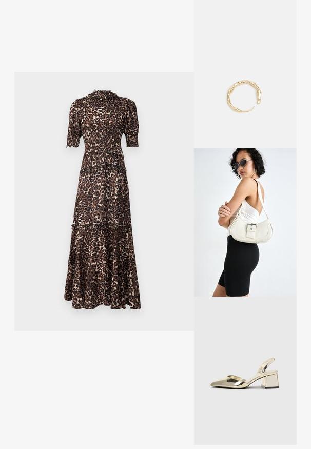 Maxi haljina s uzorkom leoparda, kratkim puf rukavima, visokim izrezom, naboranom haljinom i suknjom s volanima, od mekog materijala u smešnim i krem tonovima.; Zlatni metalik slingback sandali s šiljatim vrhom i debelim potpeticama. Glatka tekstura, minimalistički dizajn i uski remen.; Bijela kožna torbica s zakrivljenim oblikom, podesivim remenom i malim detaljem kopče. Model nosi usklađeni crni outfit.; Prsten u zlatnoj nijansi s organskim, uvijenim dizajnom, glatkom teksturom i suženim krajevima, koji stvara moderan, skulpturalni izgled.