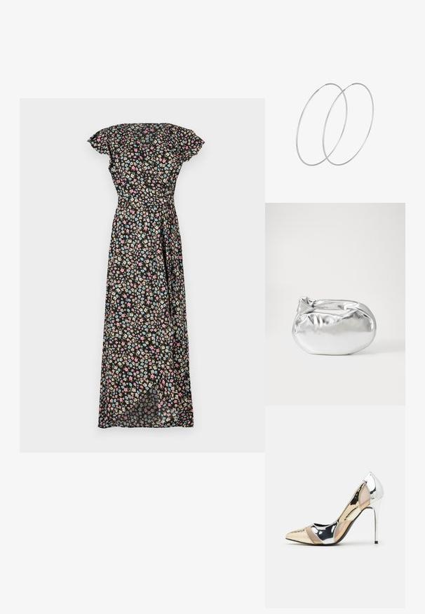 Juoda gėlių maksi suknelė su trumpomis skraidančiomis rankovėmis, turinti prigludusį liemenį ir plazdančią sijoną, papuoštą rožinėmis, mėlynomis ir smėlinėmis gėlėmis.; Aštrus pirštas aukštakulnis batelis su sidabro, aukso ir nuogų spalvų deriniu. Blizgus paviršius su išpjovos dizainu, su stiletto kulnu.; Sidabrinė metalinė maišelio forma su švelnia, apvalia forma ir mazgu užveriamu viršumi. Pagaminta iš lygios dirbtinės odos medžiagos.; Sidabrinės pusmėnulio auskarai minimalistiniu dizainu. Apskritimo forma, lygus paviršius ir plonas profilis. Lengvi su poliruotu apdailu.