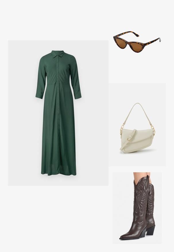 Vestido longo, verde escuro, abotoado, feito de tecido suave, com colarinho e mangas três quartos, apresentando uma silhueta reta.; Botas de cowboy em couro castanho com bico pontudo e salto quadrado, apresentando costuras detalhadas e realces elevados no cano.; Óculos de sol estilo gato com uma armação em tartaruga preta e laranja, lentes castanhas e pontas elegantes e pontiagudas. Apresenta um logo minimalista na haste.; Pequena bolsa de creme com um acabamento texturizado, uma alça longa ajustável, um detalhe em corrente e um fecho de aba. Detalhes em hardware dourado.