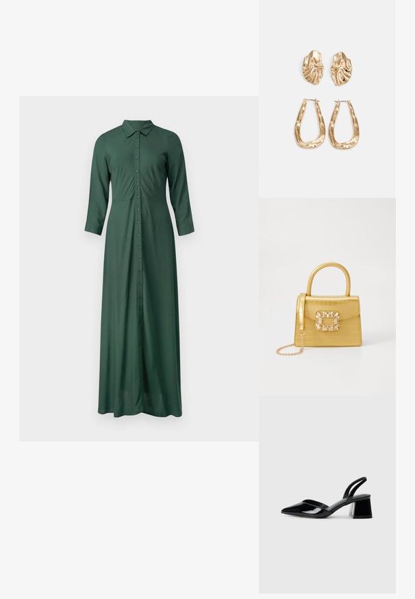 Vestido longo, verde escuro, abotoado, feito de tecido suave, com colarinho e mangas três quartos, apresentando uma silhueta reta.; Sandy em verniz preto com salto slingback, ponta afilada e salto geométrico. Apresenta um design elegante e minimalista com textura suave.; Bolsa amarela em pele de crocodilo falsa, com um design estruturado, pega no topo, alça de corrente removível e decoração de cristal no fecho.; Brincos em tom de ouro com formas onduladas e texturizadas. Inclui studs escultóricos com presilha e um design de argola aberta com um acabamento martelado.