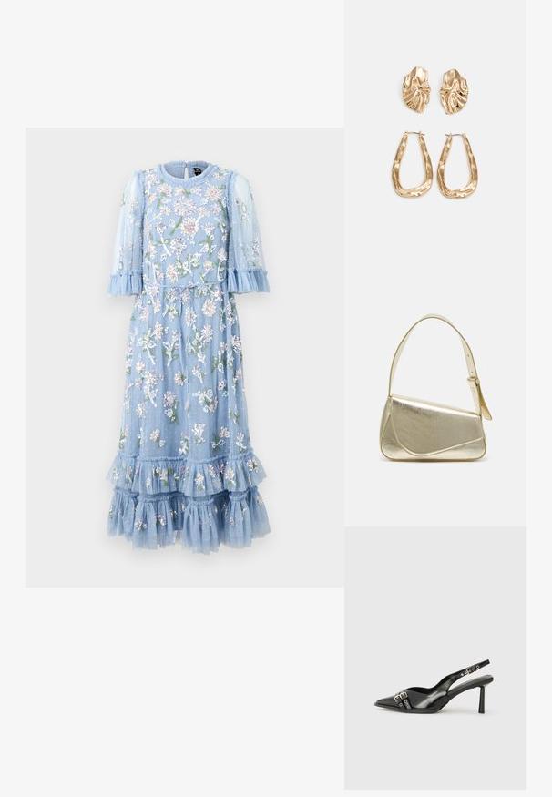 Vestido azul claro, bordado com flores, feito de um tecido transparente com mangas e bainha volantadas. Apresenta uma cintura com laço e detalhes de camadas com babados.; Sapato slingback preto em pele patentada com bico apontado, tiras no tornozelo apresentando fivelas e acessórios prateados, e um salto elegante.; Bolsa de mão metálica dourada com um design estruturado, textura suave e alça ajustável. Apresenta uma forma triangular única e costura minimalista.; Brincos em tom de ouro com formas onduladas e texturizadas. Inclui studs escultóricos com presilha e um design de argola aberta com um acabamento martelado.