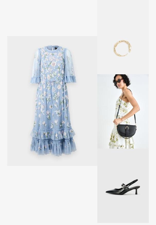 Šviesiai mėlyna, gėlių siuvinėjimo suknelė, pagaminta iš permatomo audinio, su raukiniais rankovėse ir apačioje. Yra surišama juosmuo ir sluoksniuoti raukšlės akcentai.; Juodai lakuoti slingback aukštakulniai su smailiu kojų pirštu ir mažais blokiniais kulniukais, su sidabro sagtimi ant dirželio.; Juodas odinis krepšys su išlenkta forma, nuimamu dirželiu ir auksiniais detalėmis. Krepšys turi kilpą su sagtimi.; Auksinės spalvos žiedas, turintis organišką, sukimosi dizainą su lygiu paviršiumi ir siaurėjančiais galais, sukuriantis modernią skulptūrinę išvaizdą.