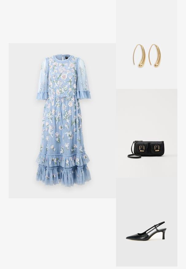 Šviesiai mėlyna, gėlių siuvinėjimo suknelė, pagaminta iš permatomo audinio, su raukiniais rankovėse ir apačioje. Yra surišama juosmuo ir sluoksniuoti raukšlės akcentai.; Juodai lakuoti slingback aukštakulniai su smailiu nosiu, su tekstūruotu gyvatės raštu, reguliuojama juosta ir trumpu, tekstūruotu blokiniu kulnu.; Juodas odinis per petį nešiojamas krepšys su dviem priekiniais kišenėmis, auksiniais sagtimis, užtrauktuko uždarymu ir siauromis petnešomis. Textūruota paviršius ir kompaktiškas stačiakampis formatas.; Auksinės metalinės auskarų kabės su lenktą, pailgą forma. Turi lygų, blizgantį paviršių ir užapvalintą galiuką papildomam akcentui.