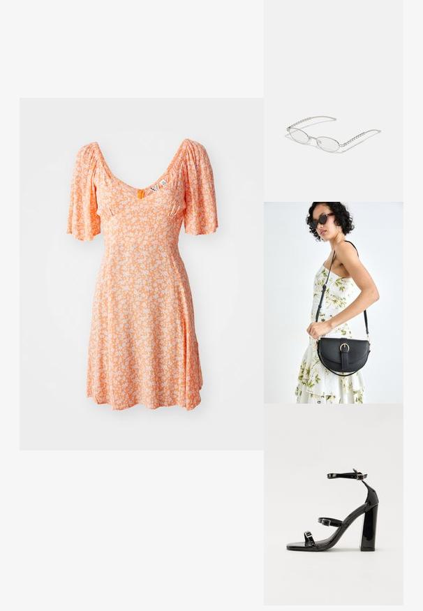 Orange dress with puffed sleeves, a V-neckline, featuring a floral pattern in white. Flowy fabric, knee-length design, and gathered detailing.; Black patent heeled sandals with a square toe, ankle straps, and silver buckles. Features a chunky block heel for stability.; Oval glasses with a metallic silver frame, clear lenses, and textured beaded temple accents. Lightweight design with curved arms.; Black leather handbag with a curved shape, detachable strap, and gold hardware. The bag features a flap with a buckle detail.