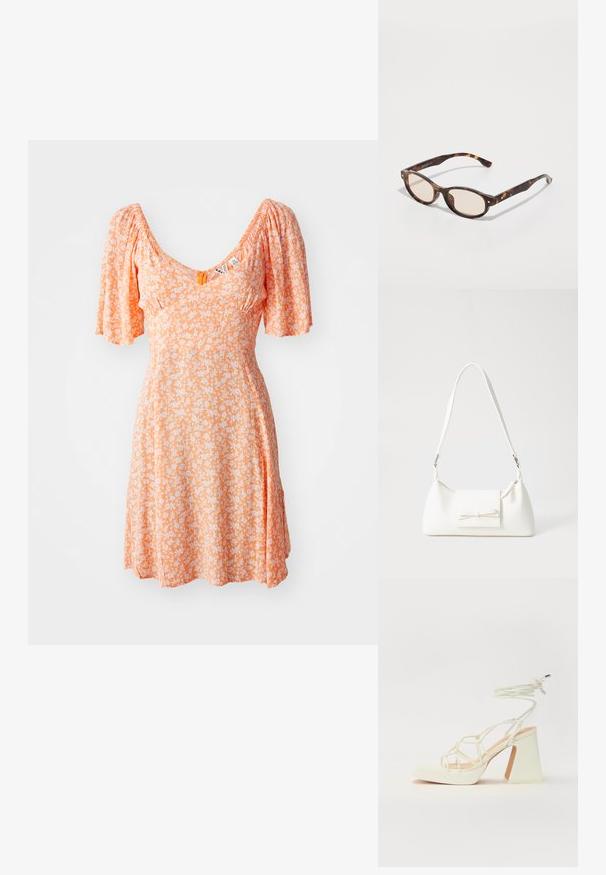 Orange kjole med puffede ærmer, V-udskæring, prydet med et blomstermønster i hvidt. Blødt stof, knælangt design og samlet detaljering.; Hvide højhælede sandaler med en kraftig hæl, der har et stropdesign og ankelbinding. Glat tekstur med en platform foran for ekstra højde.; Skildpaddevmønster solbriller med rund form og lys linse. Har solide arme med små guld accenter, lavet af plastmateriale.; Hvid syntetisk håndtaske med en trekantet form, flad forsideklap og sløjfedetalje, justerbar strop, glat tekstur og minimalistisk design.