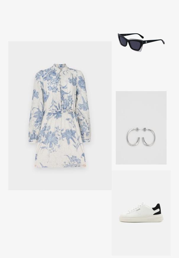 Ziedu raksta kleita ar garām piedurknēm, apkakles izgriezumu, pogu priekšpusi, sašaurinātu jostasvietu un gaisīgu audumu zilā un baltā krāsā.; Baltas ādas sporta apavi ar biezu balto zoli, melna zamša uzpura un izspiestais logotips sānos. Šņorējuma dizains ar sešiem acu caurumiem.; Melni pārmēru saulesbrilles ar ģeometrisku formu, kas aprīkotas ar tumšiem stikliem un kontrastējošu pelēku akcentu uz rāmja. Logo uz kājas.; Sudraba riņķveida auskari ar gludu, spīdīgu apdari. Apaļas formas, viegla dizaina, ar aizdari uz stieples.