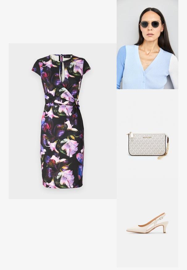 Virágmintás ruha fekete háttérrel, kulcslyuk nyakkivágással, ujjatlan fazonnal és fodros designnal. Élénk, nagy virágokkal díszítve.; Fehér slingback sarok, hegyes orral, sima felső anyaggal, alacsony blokk sarkával és oldalsó kivágott dizájnnal, állítható csatpánttal.; Kerek napszemüveg sötét lencsékkel és arany kerettel. A modellen világoskék, bordázott kardigán van gombokkal és kontrasztos fehér ujjaival.; Michael Kors bézs bevonatos vászon karkötő, amely ismétlődő MK logó mintával, aranyszínű fémrészletekkel és levehető lánchordóval rendelkezik.