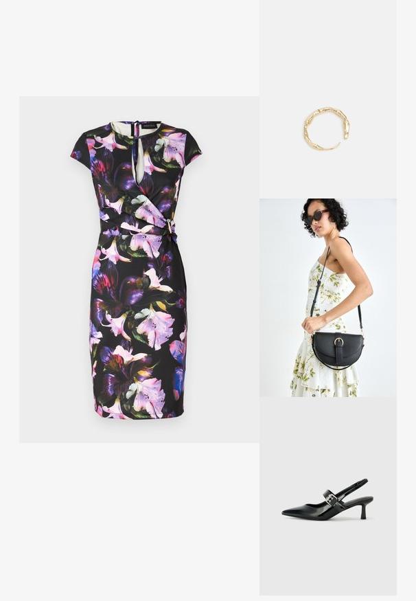 Ziedu kleita ar melnu fona, kurai ir atslēgas cauruma kakla izgriezums, kapucīna piedurknes un apņemšanas dizains. Izrotāta ar krāsainiem, lieliem ziediem.; Melnas lakotas ādas sūkņa kurpes ar norādītu purngali un mazu bloku papēdi, ar sudraba sprādzi akcentā uz jostas.; Melnas ādas rokassoma ar izliekta formu, noņemamu siksnu un zelta aksesuāriem. Somai ir vāciņš ar sprādzes detaļu.; Zelta toņa gredzens ar organisku, vērptu dizainu, gludu virsmu un sašaurinātiem galiem, radot mūsdienīgu, skulpturālu izskatu.