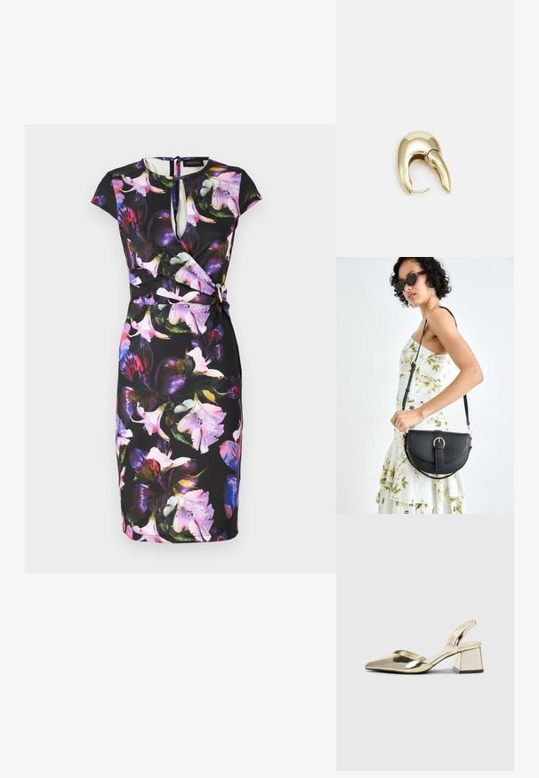 Lillelille musteriga kleit mustal taustal, millel on võtmeaugu kaelus, lühikesed varrukad ja mähisdisain. Kaunistatud erksate, suurte lilledega.; Kuldne, metallilised slingback-kudumid terava varba ja paksu kontsaga. Sile tekstuur, minimalistlik disain ja kitsas rihm.; Mustmust mustraha kõverate joontega, eemaldatava rihmaga ja kuldsete detailidega. Kotil on klapp, millel on pandladetail.; Kuldtooni metallist kõrvarõngas, millel on elegantne ja kaarjas disain. Omab silmapaistvat teravat kuju, poleeritud pinda ja hingesulgemist.