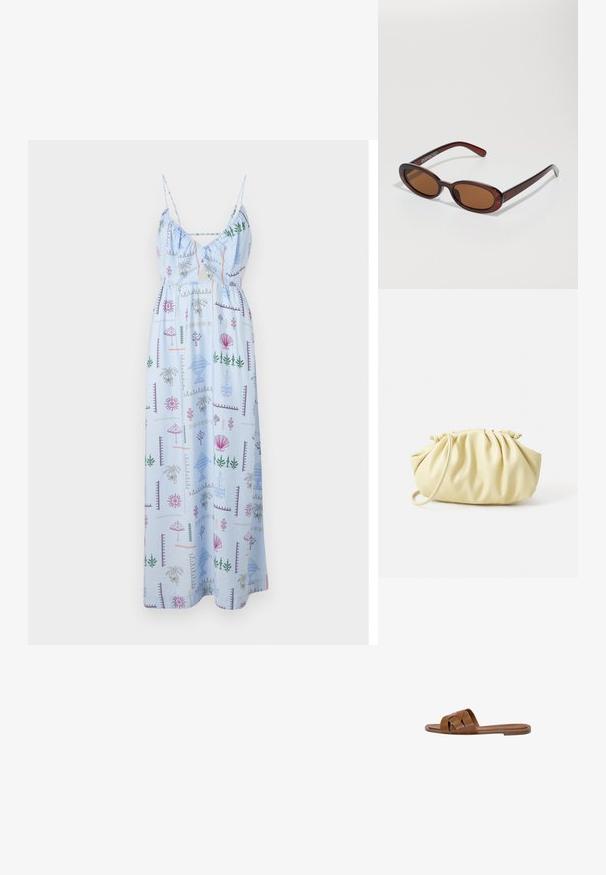 Világoskék maxi ruha vékony pántokkal, redőzött dekoltázzsal és színes, nyári témájú mintával, amely növényeket és kagylókat ábrázol.; Barna bőr csúszó szandál keresztezett pántokkal, lapos talppal és sima textúrával. Egyszerű design díszítések vagy minták nélkül.; Kerek, barna árnyalatú napszemüveg fényes burgundi kerettel. Karcsú karok diszkrét márkázással. Lapos lencse kialakítás.; Sárga redőzött kézitáska sima műbőrből, puha formával, egy vállpánttal és ráncolt felső kialakítással.
