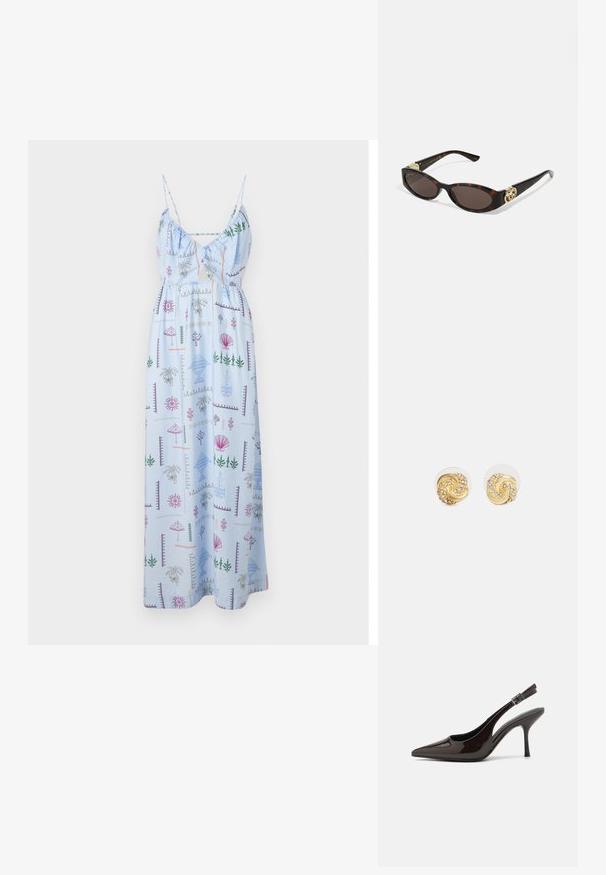 Vaaleansininen maksimekko, jossa on ohuet solmustrapsit, kerätty rintaosa ja koko mekkoa halkova värikäs kesäteemainen printti kasveista ja kuorista.; Korkokenkät tummanruskeasta kiiltävästä patenttinnahasta, teräväkärkiset, avoimet sivut ja säädettävä nilkkaremmi.; Silmärilakkiset tortoiseshell-aurinkolasit, joissa on pitkänomaiset ovaalit linssit, ruskea sävy, kultaiset logo-koristeet temppeleissä ja sulavalinjaiset mustat varret.; Korvakorut, joissa on kultaiset pyörteet ja kirkas tausta, joissa on teksturoituja kultakoristeita ja pieniä kirkkaita jalokiviä upotettuna muotoiluun.